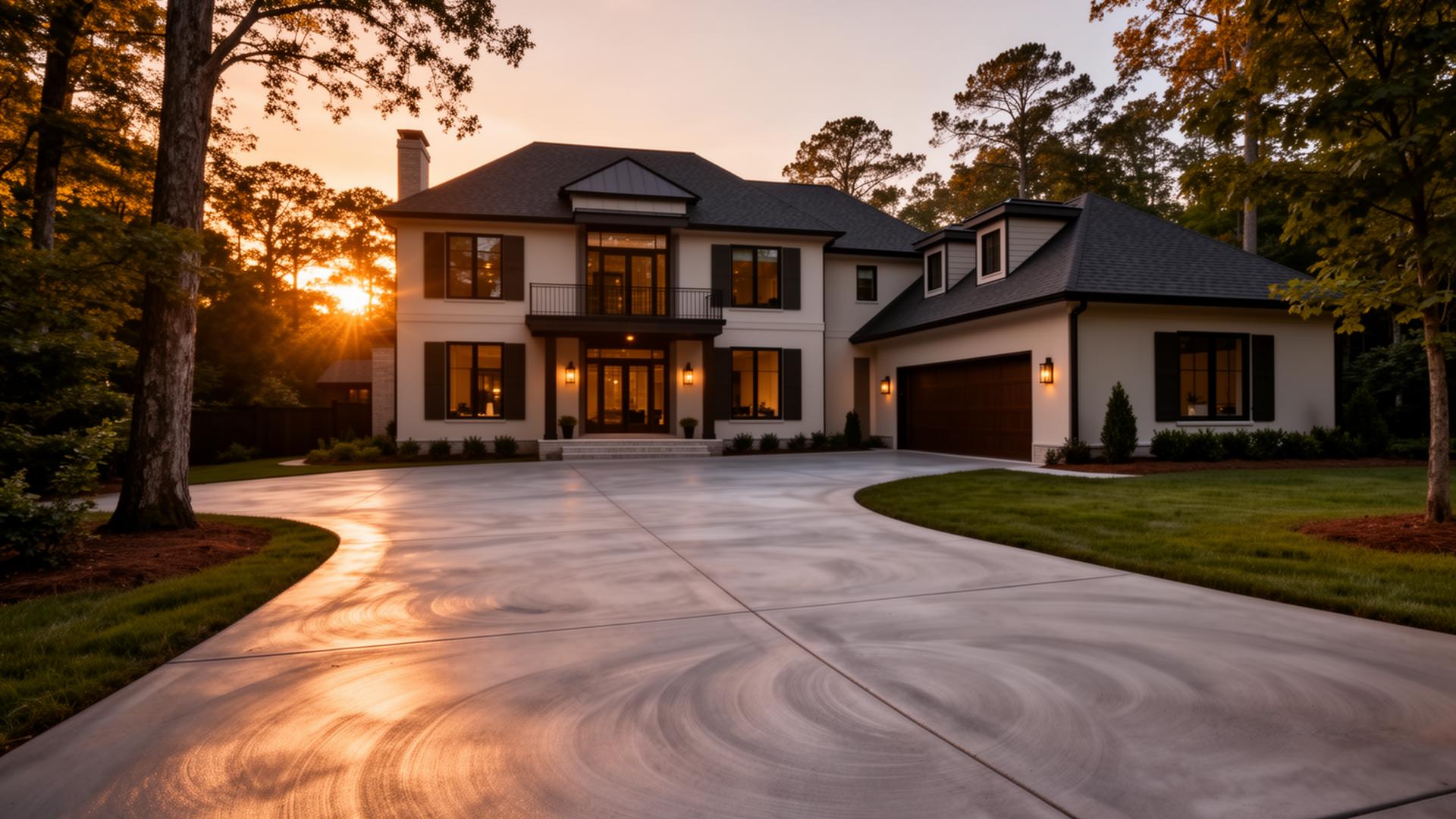 Modern concrete driveway in Charlotte at golden hour